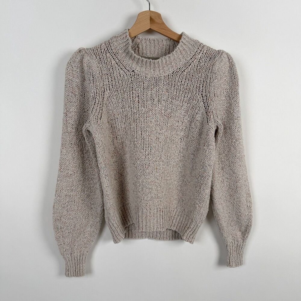 Brochu Walker Sweater Womens XS Linen Cotton Speckled Beige Puff Sleeve Coastal